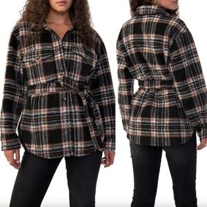 NWT Anthropologie Sanctuary Belted Plaid Shacket Brown Size XS Wool Flannel Boho